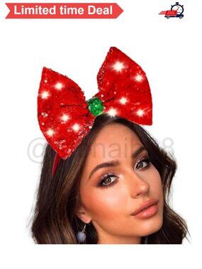 🎄 LED Light Up Sequin Bow Headband Christmas Hair Accessory
